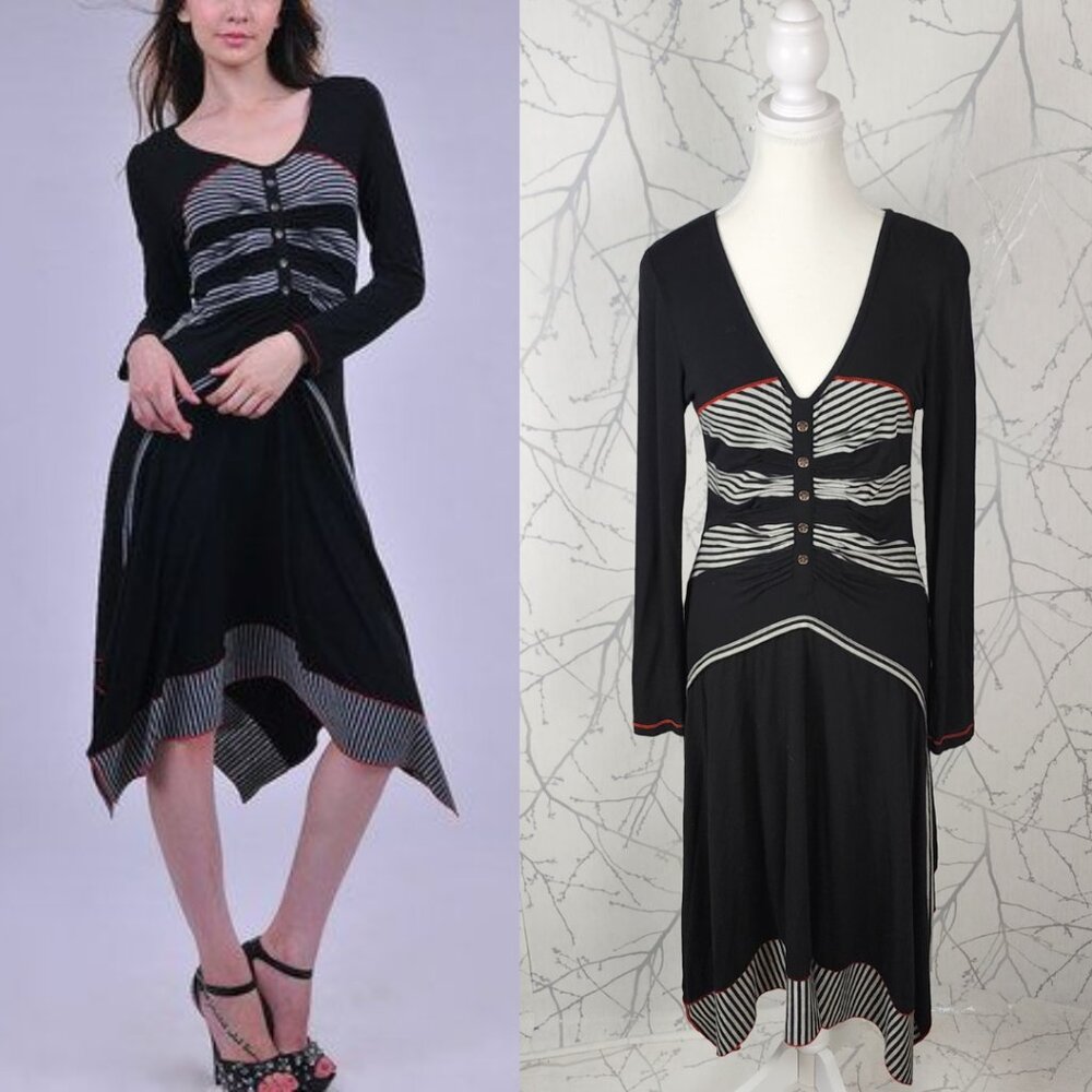 La-El Couture Cotton Stretch Jersey Artsy Asymmetrical Hem Midi Dress